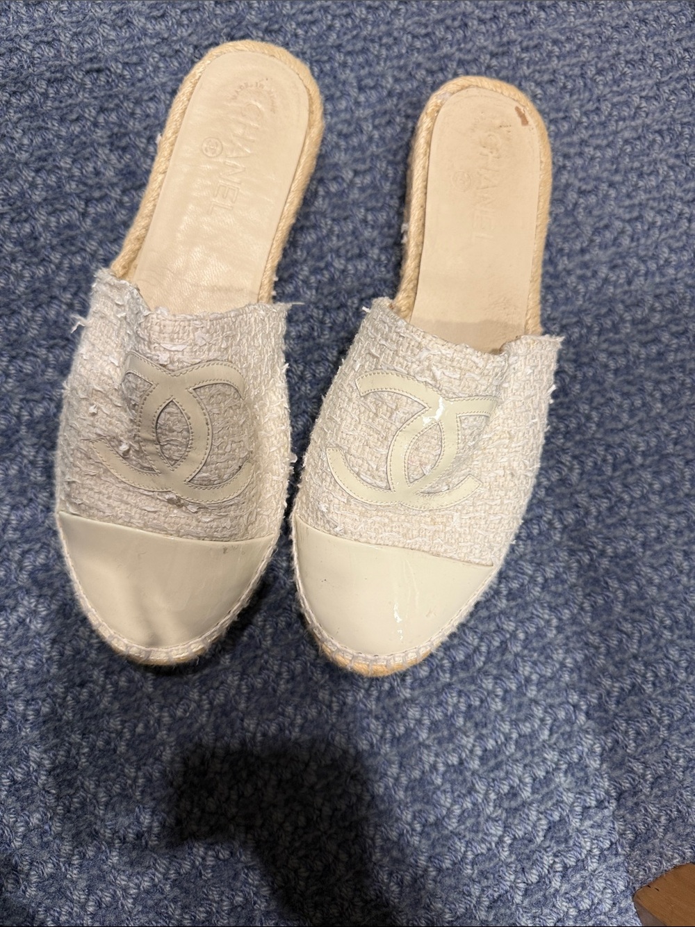 CHANEL Cream Tweed Slip-On Espadrille Mules